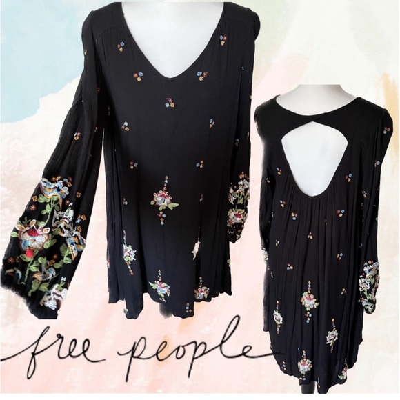 Free People Embroidered Swing Mini Dress Multicolor Black Size Large - Picture 2 of 11